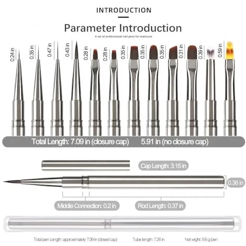 12Pcs Metal Nail Art Brush Set, Professional Nail Brush Acrylic Manicure Brushes Pen with Liner Flat Round French Detail Ombre Brushes for Gel Polish, 3D Design, Clean Up Tools