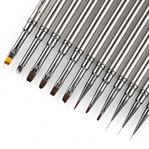 12Pcs Metal Nail Art Brush Set, Professional Nail Brush Acrylic Manicure Brushes Pen with Liner Flat Round French Detail Ombre Brushes for Gel Polish, 3D Design, Clean Up Tools