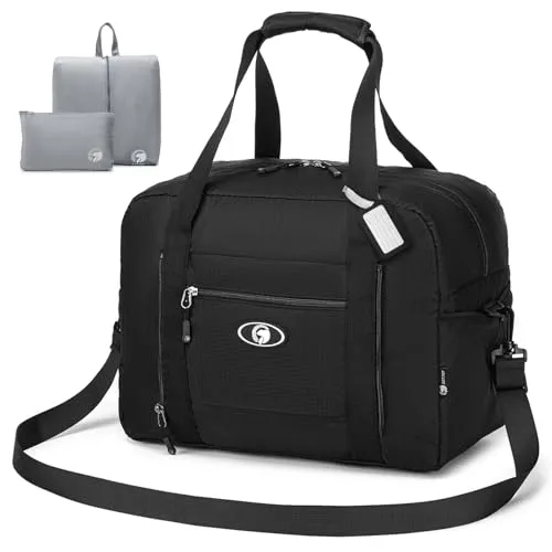 40x30x20 cm Travel Bag Foldable,Lightweight Gym Bags for Women Men,16x12x8 inch Personal Item Bag for Airlines, 25L Waterproof Travel Duffel Bags for Carry on Weekender Overnight Hospital Black