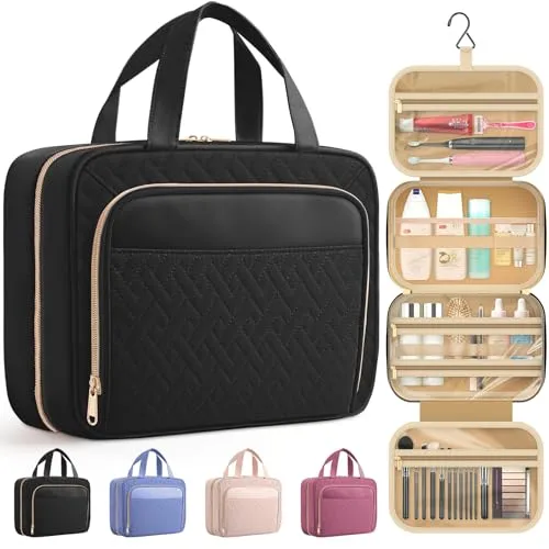 HOTOR Hanging Travel Toiletry Bag Women Men, Black, Medium