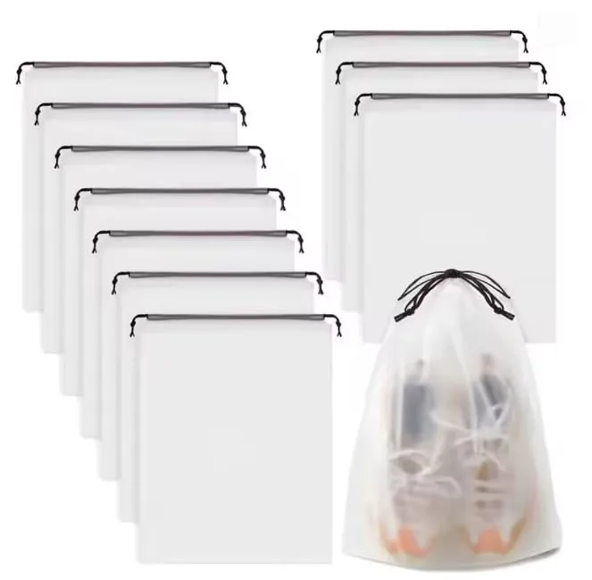 10 Pack Portable Drawstring Shoe Storage Bags, Waterproof Transparent Plastic Travel Organizer Bags for Shoes, Makeup, Clothing and Sundries