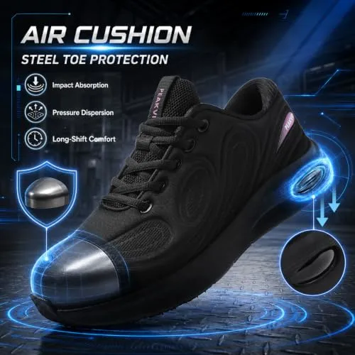 Women's Wide Steel Toe Safety Work Sneakers - Lightweight Non Slip Water Resistant Orthopedic Shoes for Standing All Day