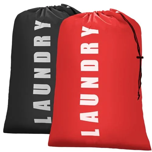 Isink Laundry Bag, 2 Pack Travel Laundry Bags for Dirty Clothes, Large Laundry Bags for Camping & Traveling, Dirty Clothes Travel Bag, 24" x 36" (Black + Red)