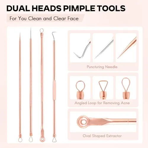 FEITA Blackhead Remover Pimple Comedone Extractor Tool, Stainless Acne Tools Pimple Popper Removal Kit, Zit Whitehead Popping Needle for Nose & Face, Rose Gold 4Pcs