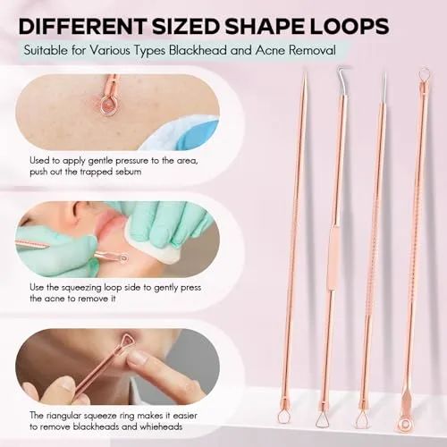 FEITA Blackhead Remover Pimple Comedone Extractor Tool, Stainless Acne Tools Pimple Popper Removal Kit, Zit Whitehead Popping Needle for Nose & Face, Rose Gold 4Pcs