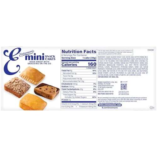 Entenmann's Pound Mini Snack Cakes, 6 individual packs, (1.38 oz each), 8.25 oz Multipack