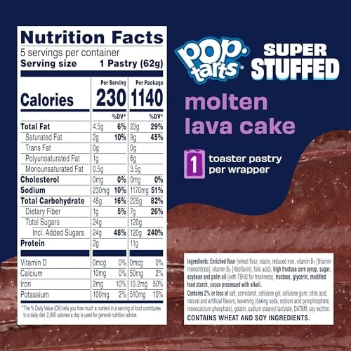 Pop-Tarts Super Stuffed Molten Lava Cake Toaster Pastries, 50% More Filling, Snacks, Dessert (5 Ct)