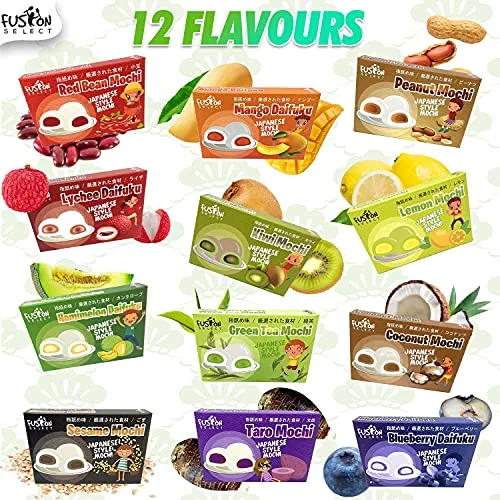 Fusion Select Mochi Daifuku Snacks - Traditional Japanese Rice Cakes with Filling - Flavored Asian Sweet Desserts for Family - Chewy and Soft Texture (Hamimelon)