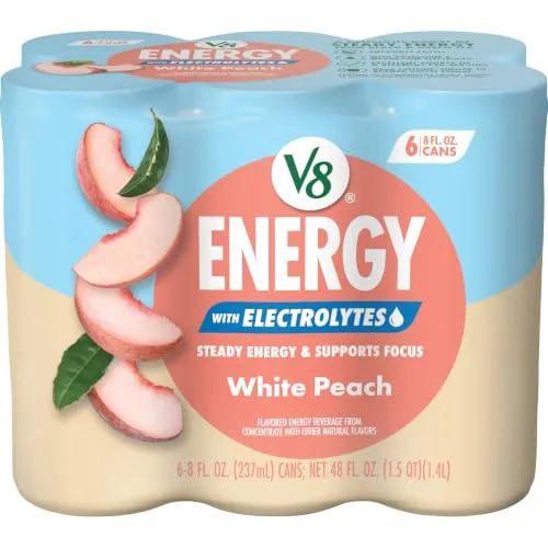 V8 Energy with Electrolytes White Peach Energy Drink, 8 Fl Oz Can, 6 Pack