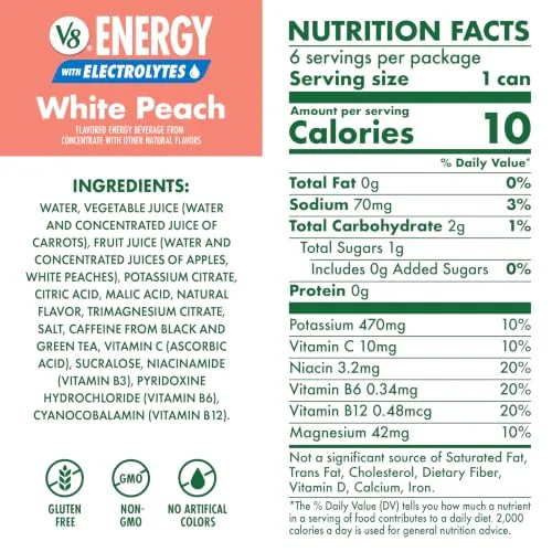 V8 Energy with Electrolytes White Peach Energy Drink, 8 Fl Oz Can, 6 Pack