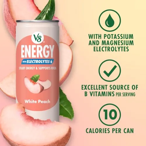 V8 Energy with Electrolytes White Peach Energy Drink, 8 Fl Oz Can, 6 Pack