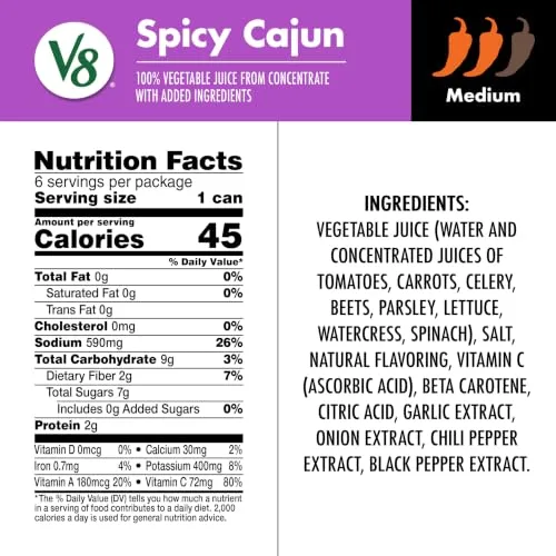 V8 Spicy Cajun 100% Vegetable Juice, 8 fl oz Can (6 Pack)