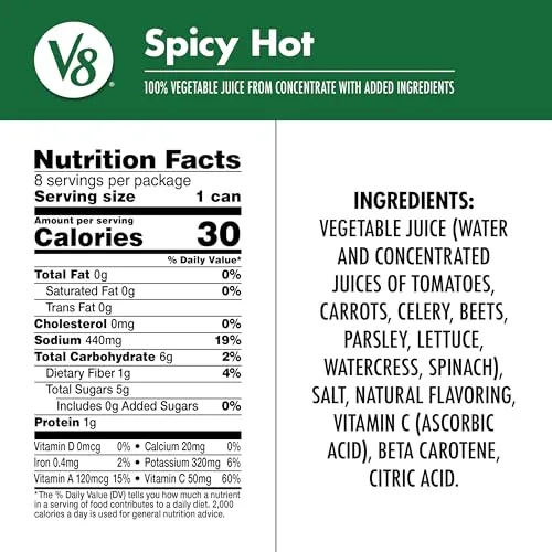 V8 Spicy Hot 100% Vegetable Juice, Vegetable Blend with Tomato Juice, 5.5 FL OZ Can (Pack of 8)