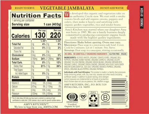 Amy's Soup, Organic Vegetable Jambalaya, 14.2 Oz