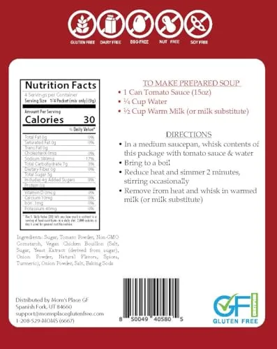 Mom’s Place Gluten-Free & Dairy-Free Cream of Tomato Soup Mix, 4 Servings, Kosher, Vegan, Nut Free, Dairy Free & Soy Free, 4 Servings, 1.3 oz
