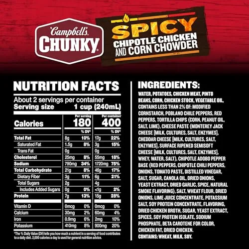 Campbell’s Chunky Soup, Chipotle Chicken Corn Chowder Soup, 18.8 oz Can (Pack of 2)