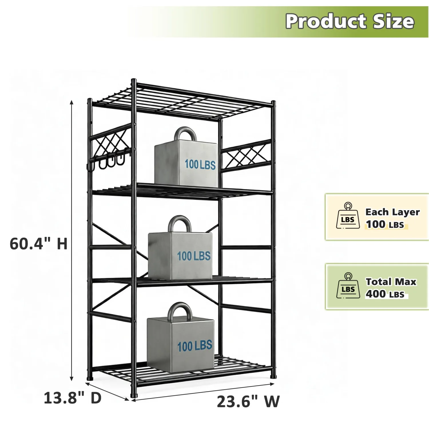 DurayLoly Heavy Duty 4-Tier 400LBS Metal Shelving with Hooks,Kitchen Pantry