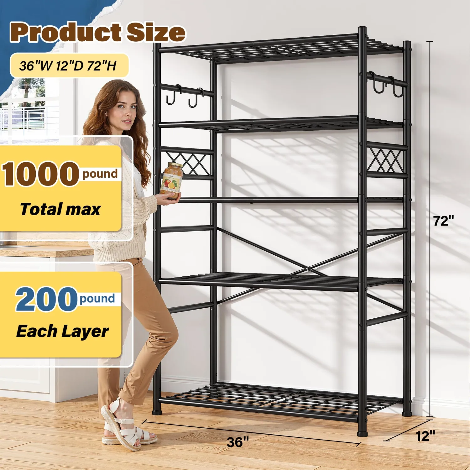 DurayLoly Heavy Duty 5-Tier 1000LBS Metal Shelving with 4 Side Hooks, Black