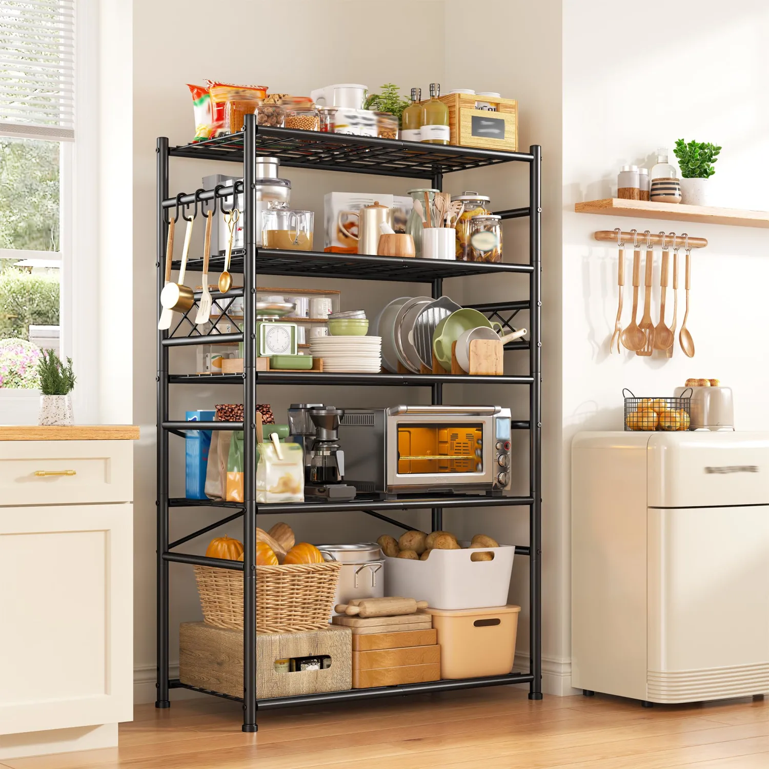 DurayLoly Heavy Duty 5-Tier 1000LBS Metal Shelving with 4 Side Hooks, Black
