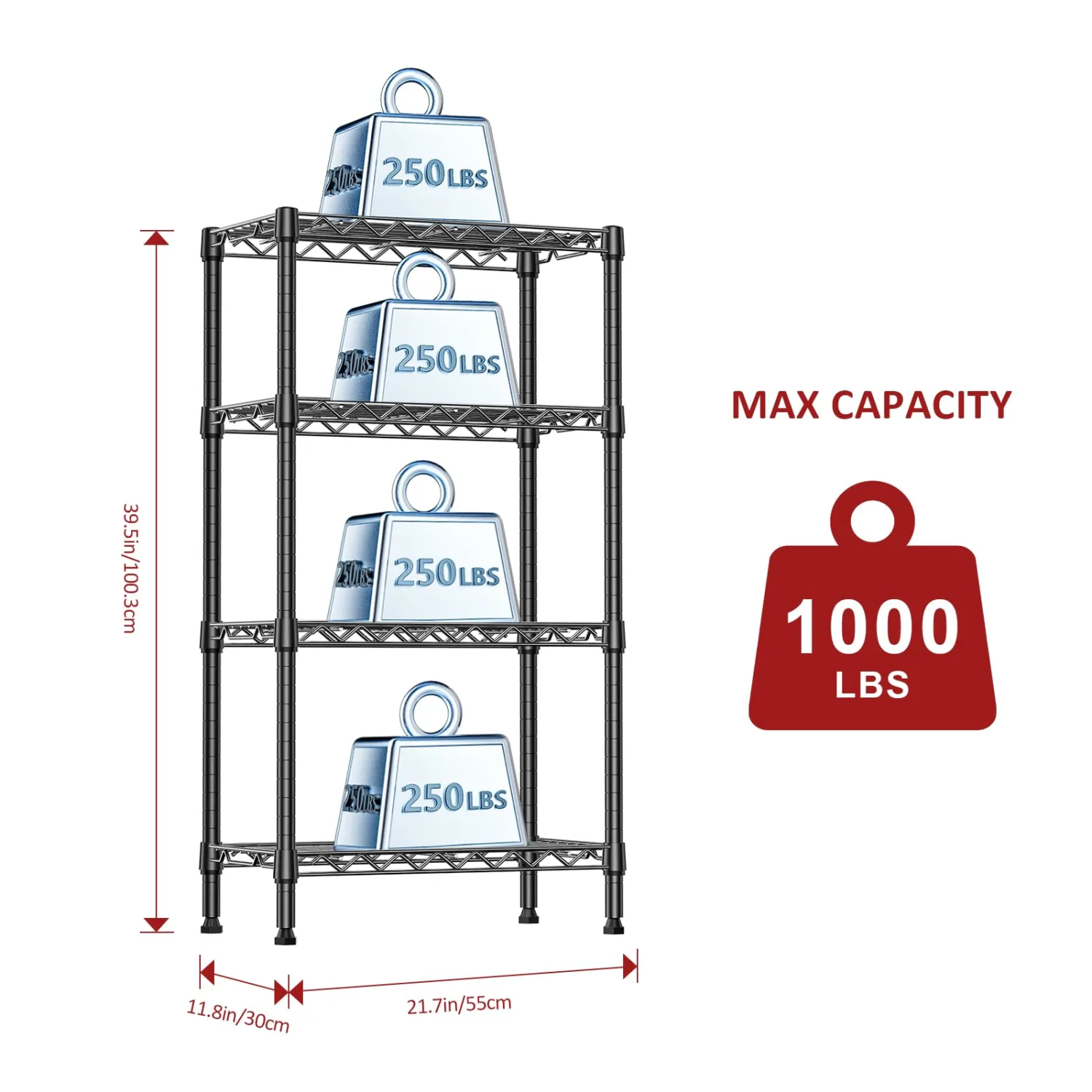 IZEUK 4 Tier Steel Storage Shelves, Heavy Duty Metal Shelf Wire Shelving Rack for Pantry, Kitchen, Living Room, or Office Organization (11.8" D x 21.7" W x 39.5" H, 1000LBS, Black)