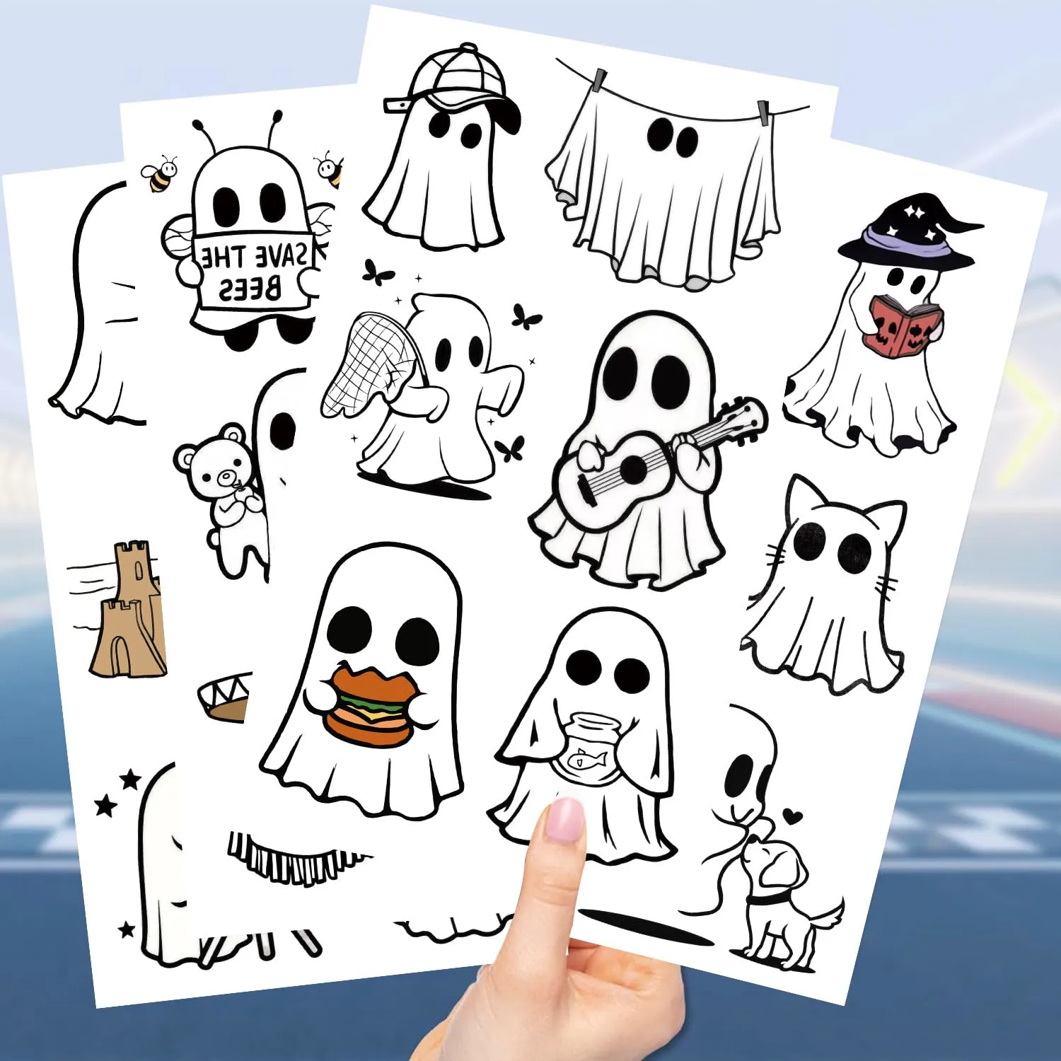 10sheets Ghost tattoo stickers Halloween Ghost Temporary Tattoos for Adult, Assorted Waterproof Ghost Temp Tattoo Sticker for Goody Bag Stuffers Prizes Party Favors (Cute Ghost)