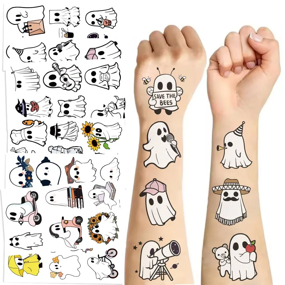 10sheets Ghost tattoo stickers Halloween Ghost Temporary Tattoos for Adult, Assorted Waterproof Ghost Temp Tattoo Sticker for Goody Bag Stuffers Prizes Party Favors (Cute Ghost)