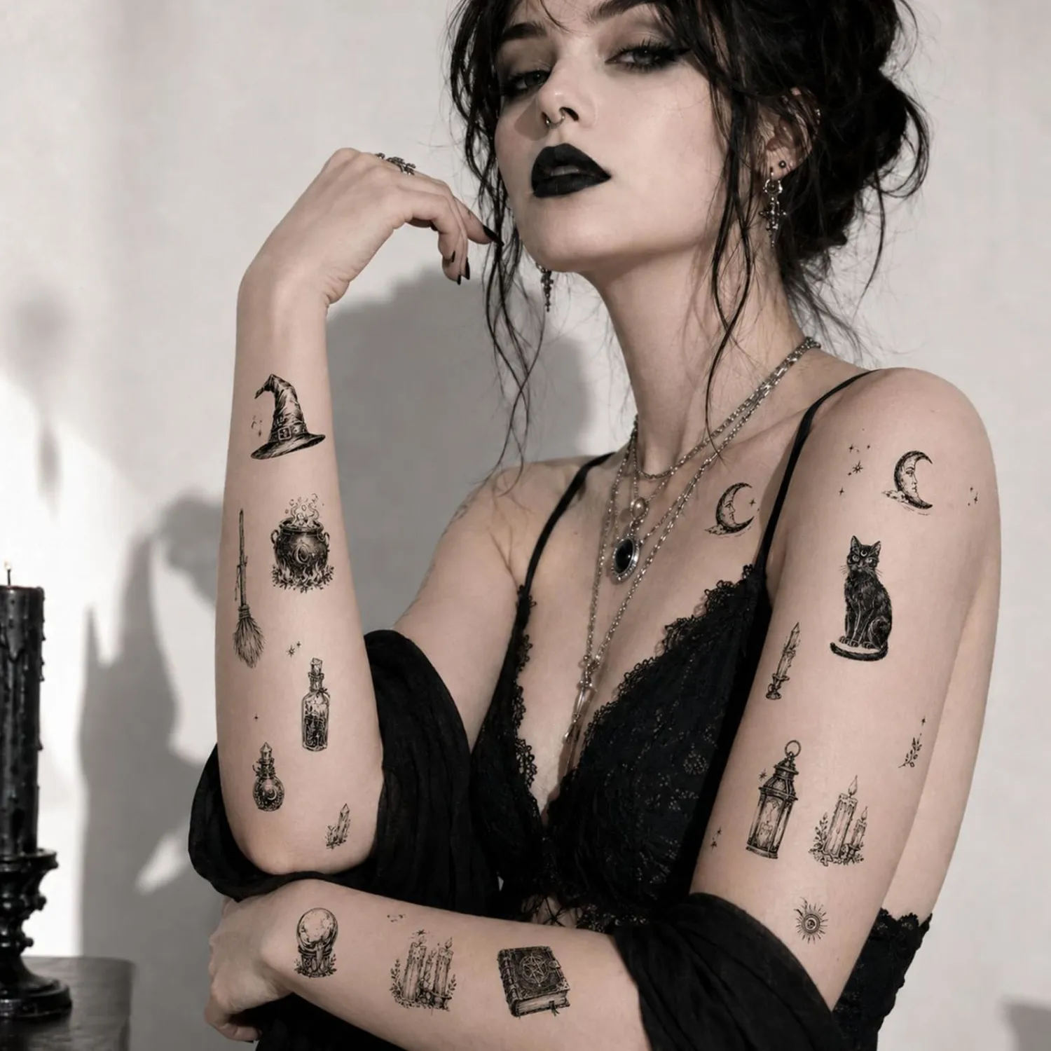 Dark Gothic Sticker Crow Skull Spider Bat Snake Halloween Temporary Tattoos