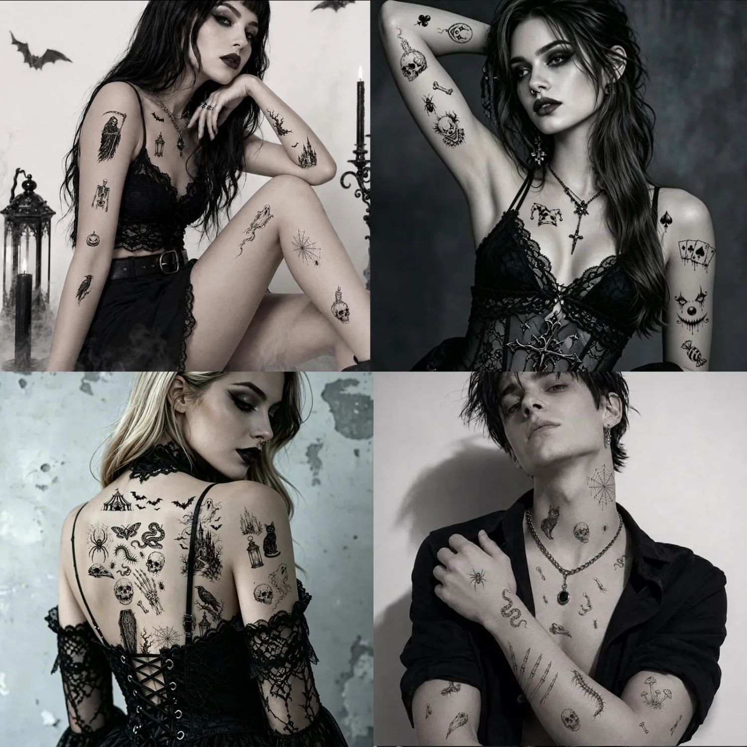 Dark Gothic Sticker Crow Skull Spider Bat Snake Halloween Temporary Tattoos