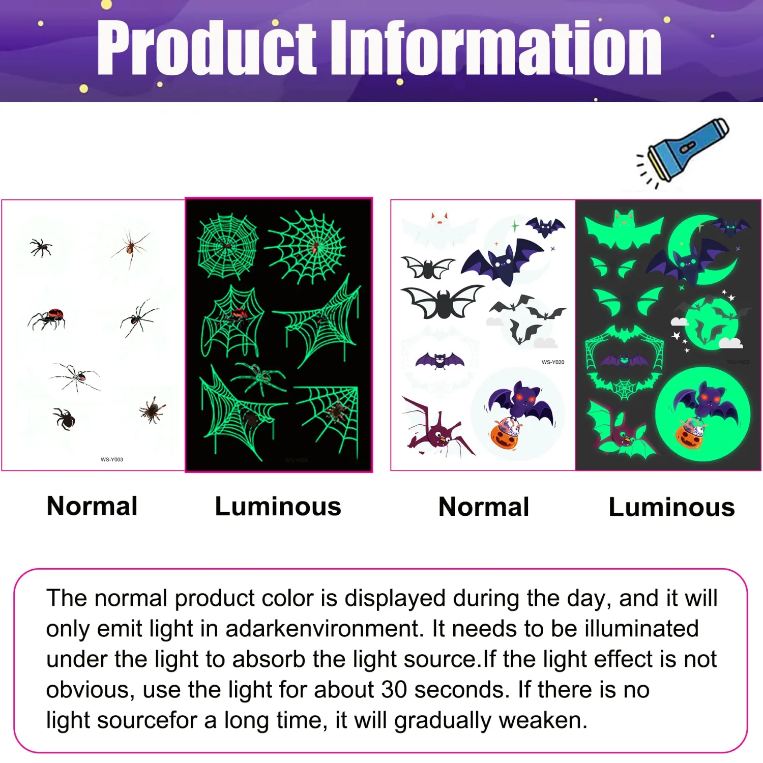 Glow Halloween Party Supplies, Luminous Halloween Temporary Tattoo for Kids