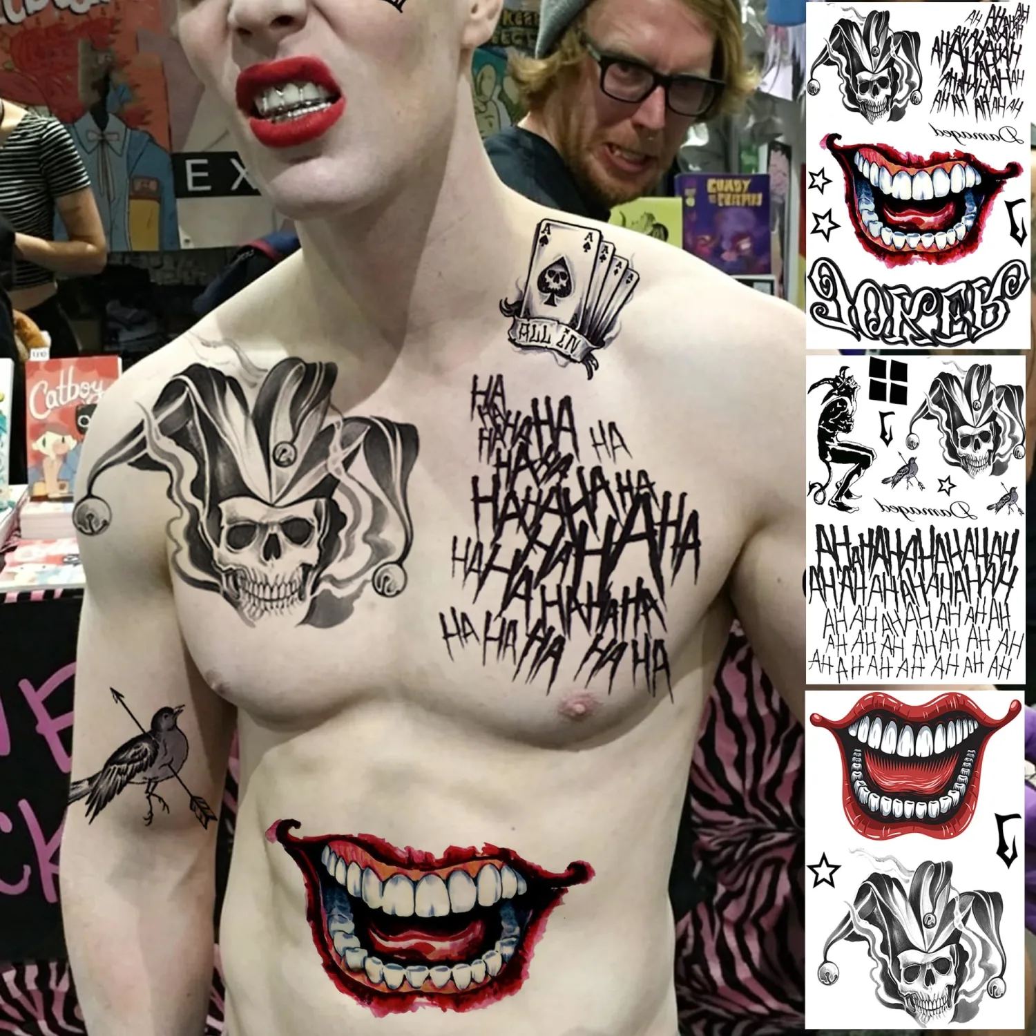 COKTAK 5 Sheets Halloween Tattoos Clown Big Mouth Temporary Tattoos Sticker Halloween Costume Accessories, Realistic Skull Demon Fake Tattoos Body Face Makeup Halloween Decoration Party Favor Supplies