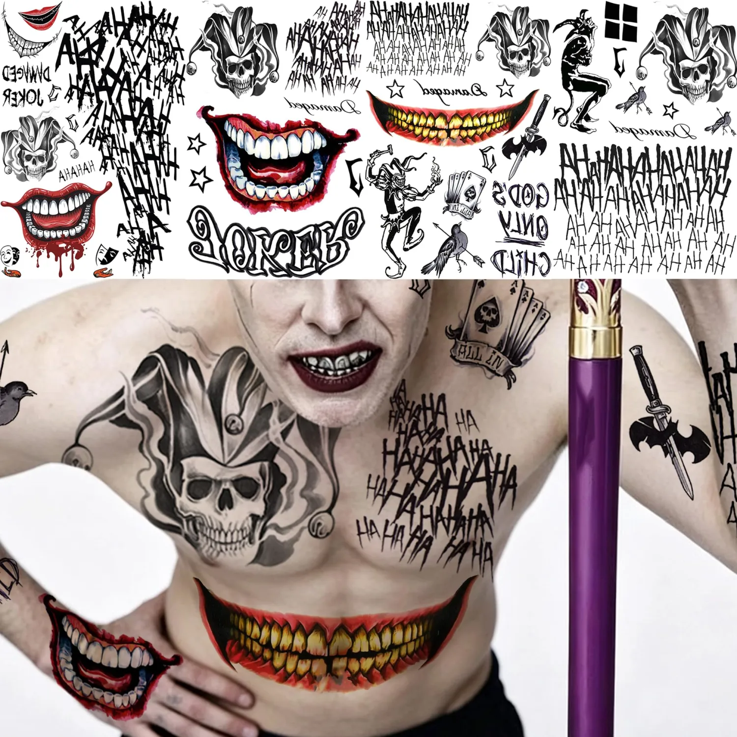 COKTAK 5 Sheets Halloween Tattoos Clown Big Mouth Temporary Tattoos Sticker Halloween Costume Accessories, Realistic Skull Demon Fake Tattoos Body Face Makeup Halloween Decoration Party Favor Supplies
