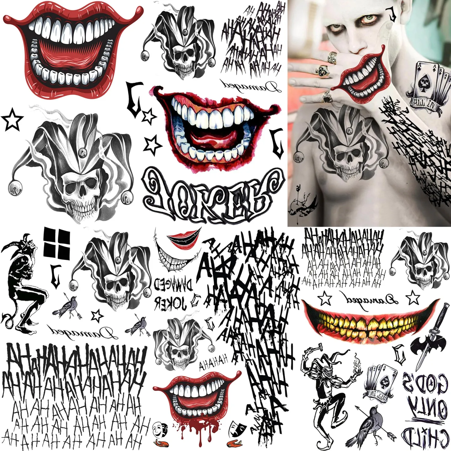 COKTAK 5 Sheets Halloween Tattoos Clown Big Mouth Temporary Tattoos Sticker Halloween Costume Accessories, Realistic Skull Demon Fake Tattoos Body Face Makeup Halloween Decoration Party Favor Supplies