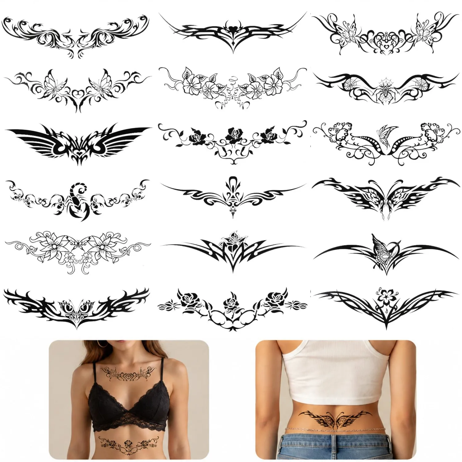 18 Pcs Chest Underboob Temporary Tattoos Large Black Fake Realistic Flower Tattoos Waterproof Long Lasting Floral Tattoo Stickers for Women Men Adults Waist Body Art Scar Cover, Removable