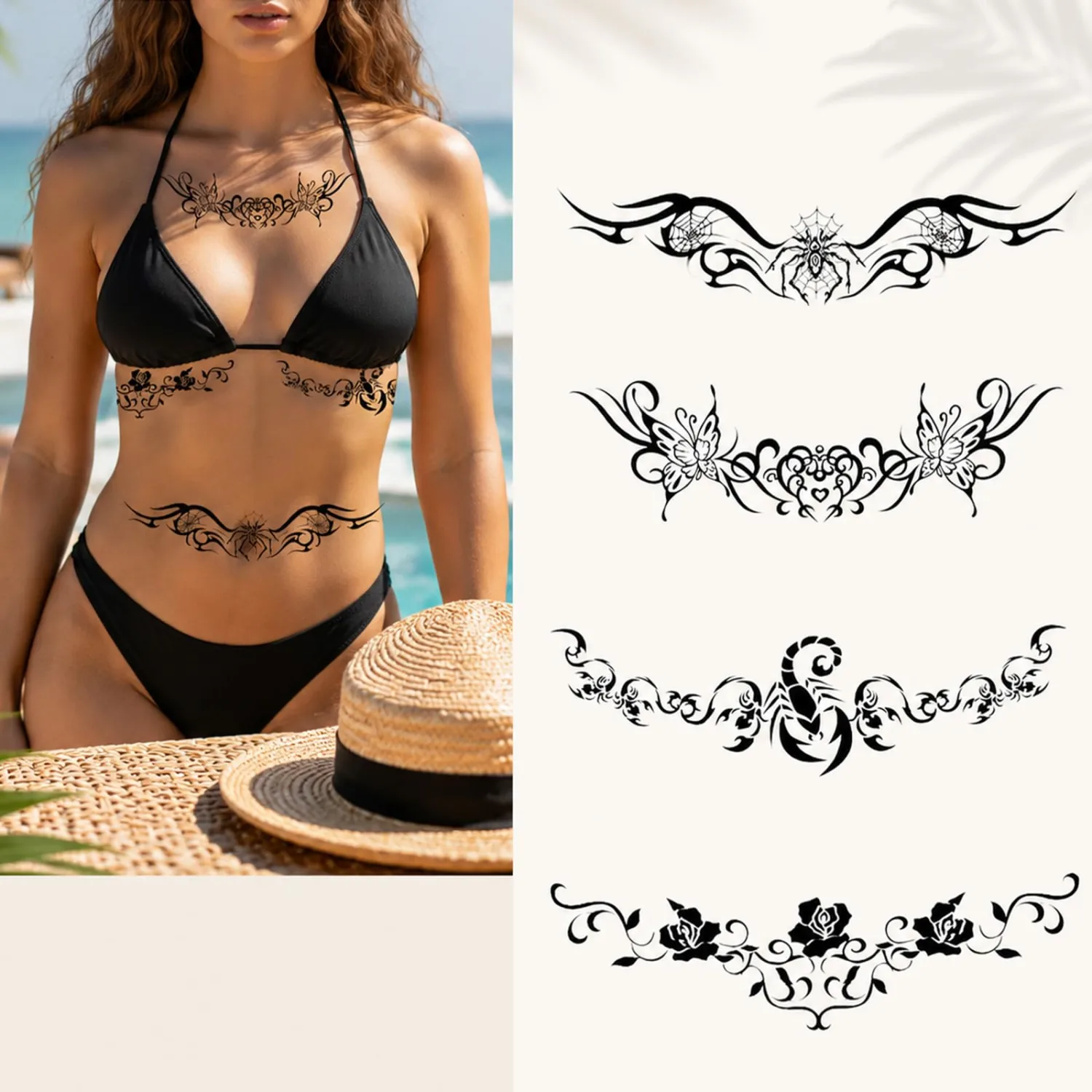 18 Pcs Chest Underboob Temporary Tattoos Large Black Fake Realistic Flower Tattoos Waterproof Long Lasting Floral Tattoo Stickers for Women Men Adults Waist Body Art Scar Cover, Removable