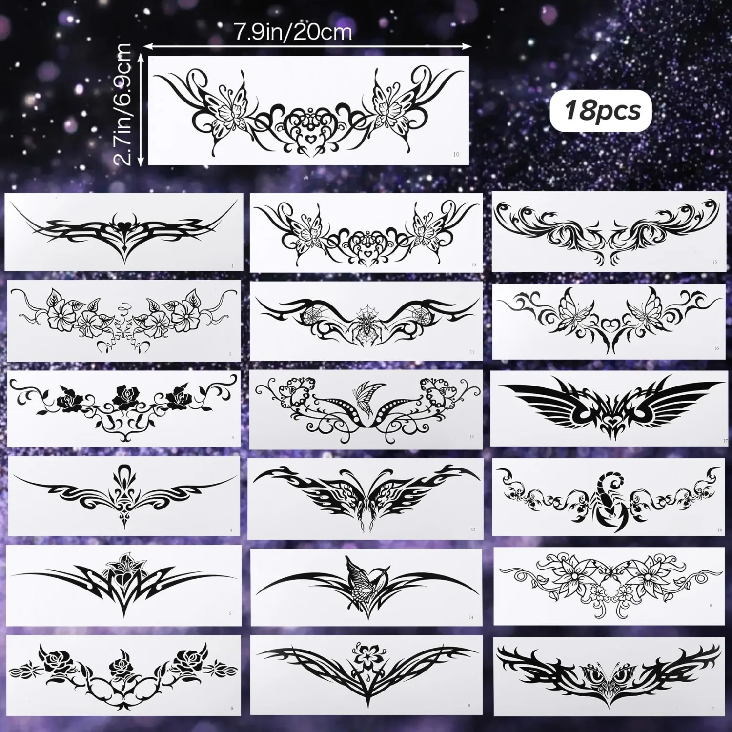 18 Pcs Chest Underboob Temporary Tattoos Large Black Fake Realistic Flower Tattoos Waterproof Long Lasting Floral Tattoo Stickers for Women Men Adults Waist Body Art Scar Cover, Removable