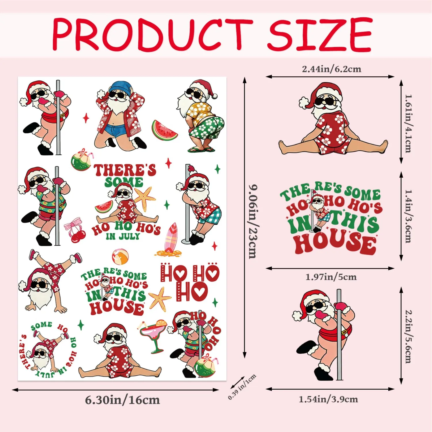 July Christmas Temporary Tattoos, 8 Sheets Cute Summer Christmas Party Decorations, Hawaiian Santa Xmas Tattoo Stickers for Tropical Hawaii Beach Xmas Favors Supplies Gifts