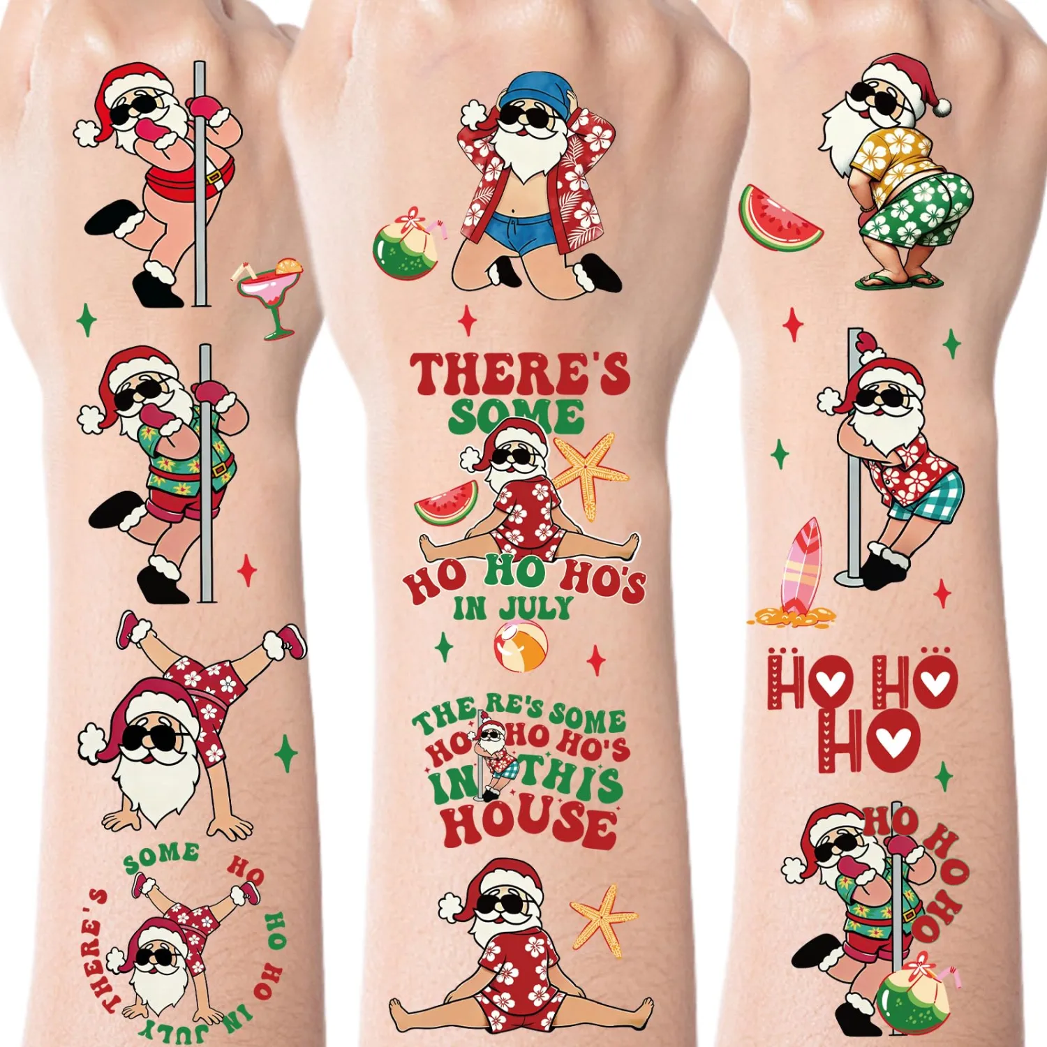 July Christmas Temporary Tattoos, 8 Sheets Cute Summer Christmas Party Decorations, Hawaiian Santa Xmas Tattoo Stickers for Tropical Hawaii Beach Xmas Favors Supplies Gifts