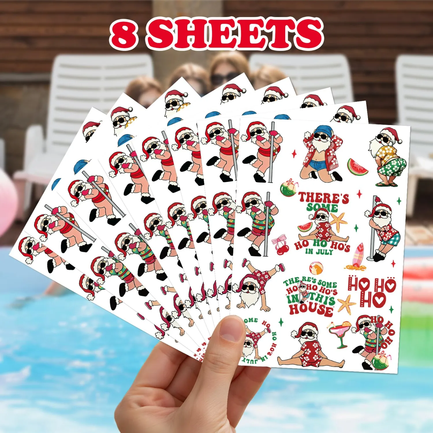 July Christmas Temporary Tattoos, 8 Sheets Cute Summer Christmas Party Decorations, Hawaiian Santa Xmas Tattoo Stickers for Tropical Hawaii Beach Xmas Favors Supplies Gifts