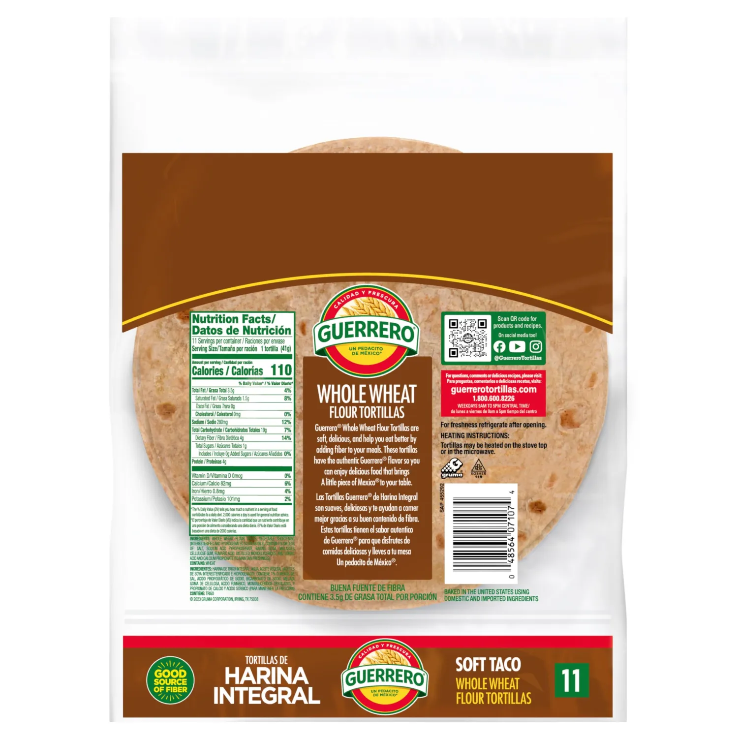Guerrero Whole Wheat Soft Taco Flour Tortillas, High Fiber, Trans Fat Free, Whole Grain, Medium Size, 11 Count