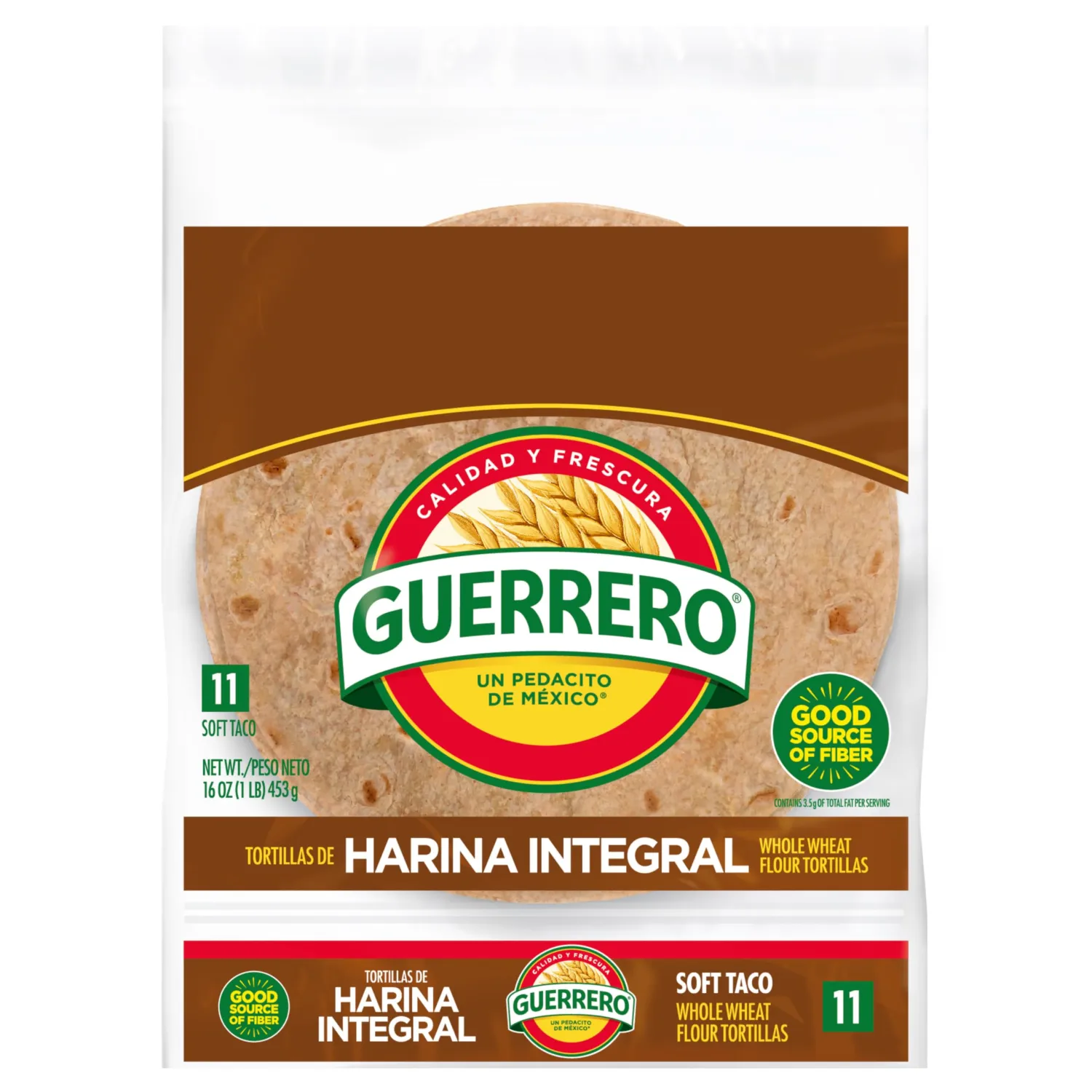 Guerrero Whole Wheat Soft Taco Flour Tortillas, High Fiber, Trans Fat Free, Whole Grain, Medium Size, 11 Count