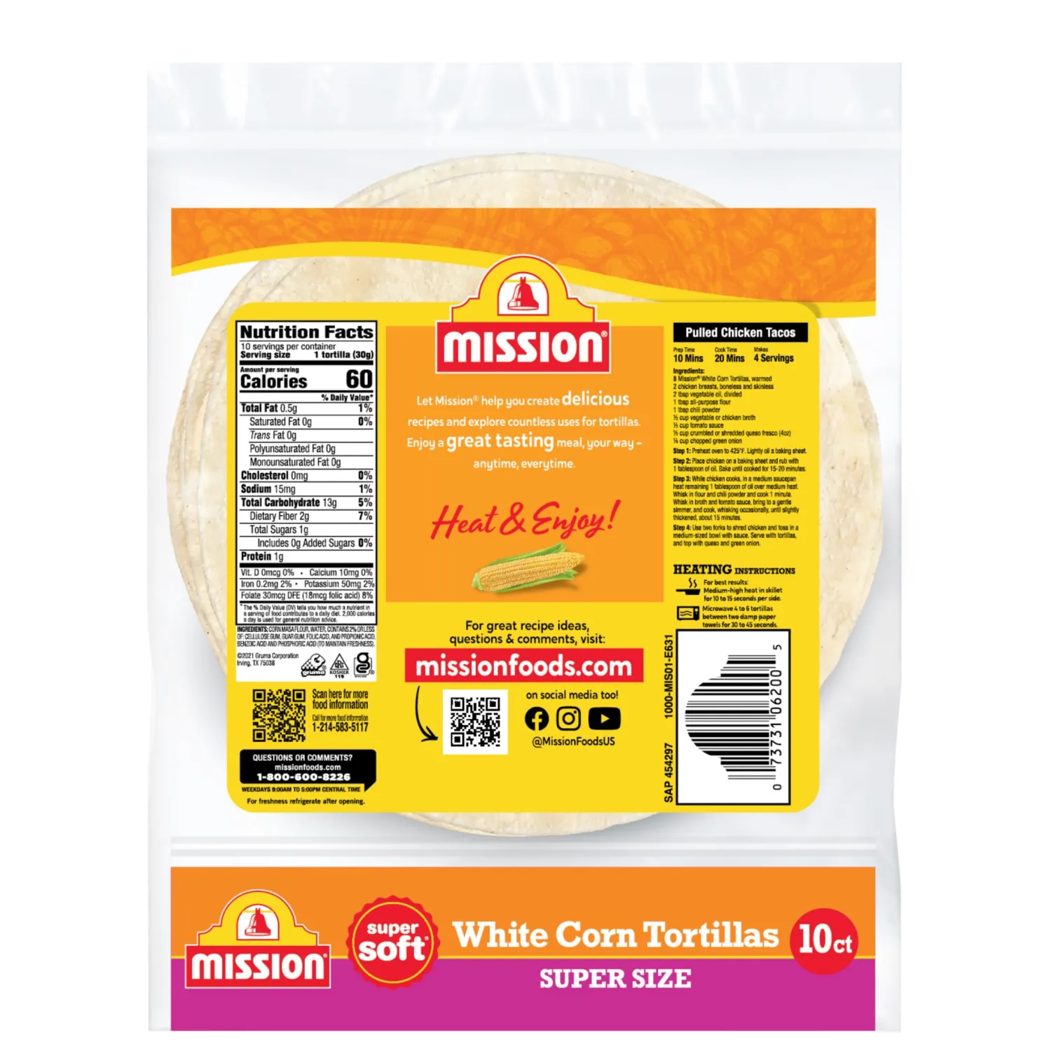 Mission Super Size White Corn Tortillas, Large Soft Taco Size, 10 Count