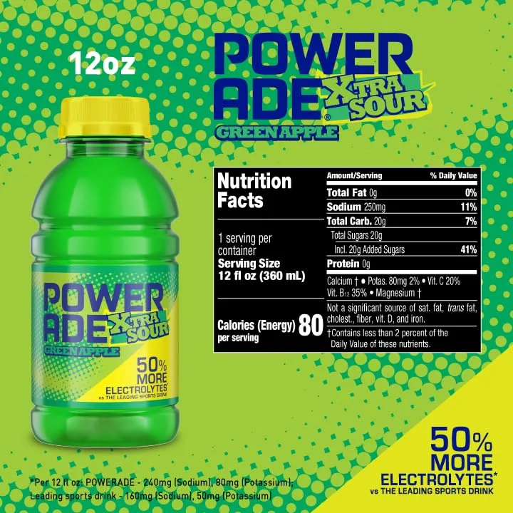 POWERADE XTRA SOUR Sports Drink, Green Apple Electrolyte Drink 12 Oz (8 Pk)