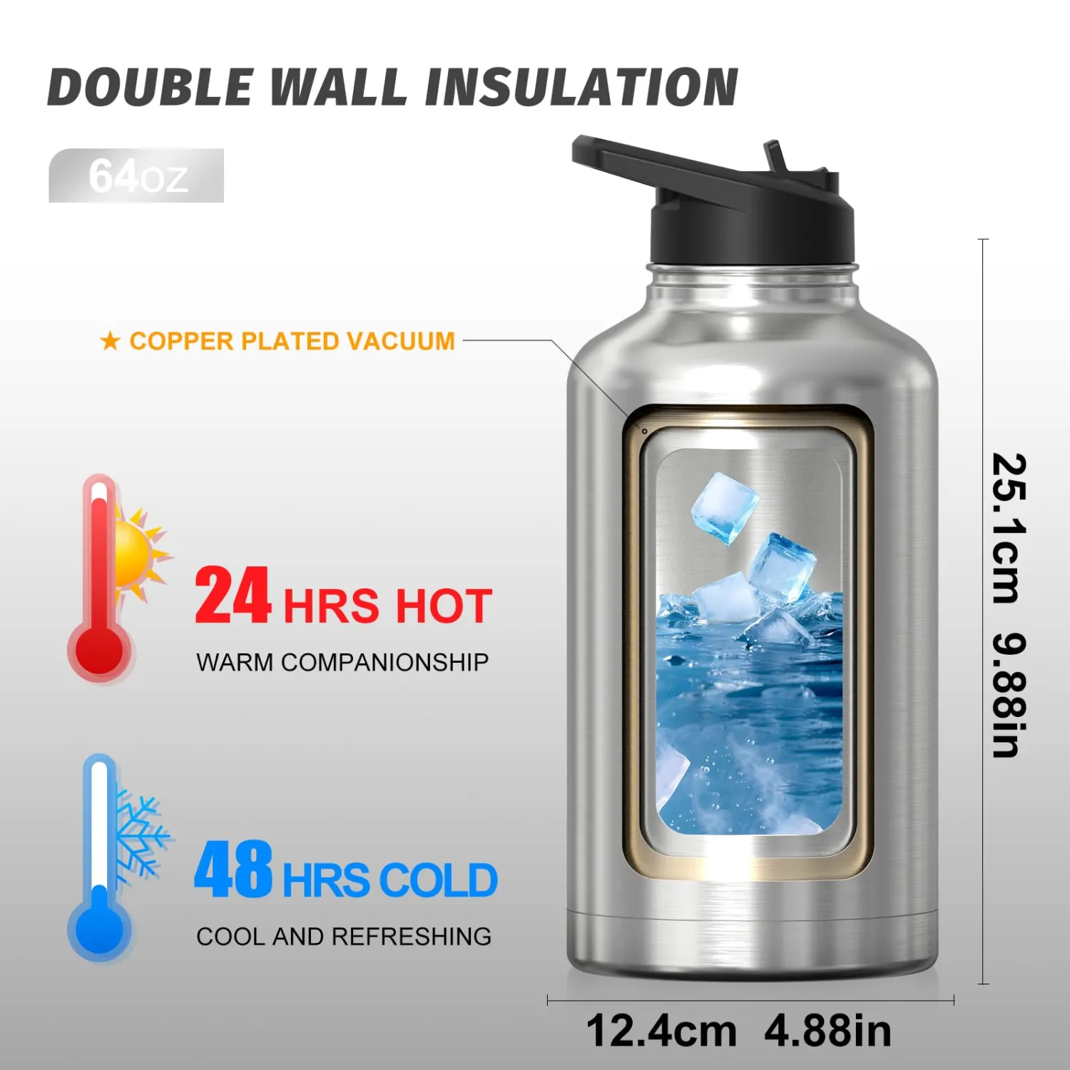 64oz Insulated Water Bottle (Cold for 48 Hrs),BPA Free&Leak Proof,Half Gallon Stainless Steel Water Flask,Water Jug with Straw Spout Lids for Gym,Hiking,Camping,Stainless