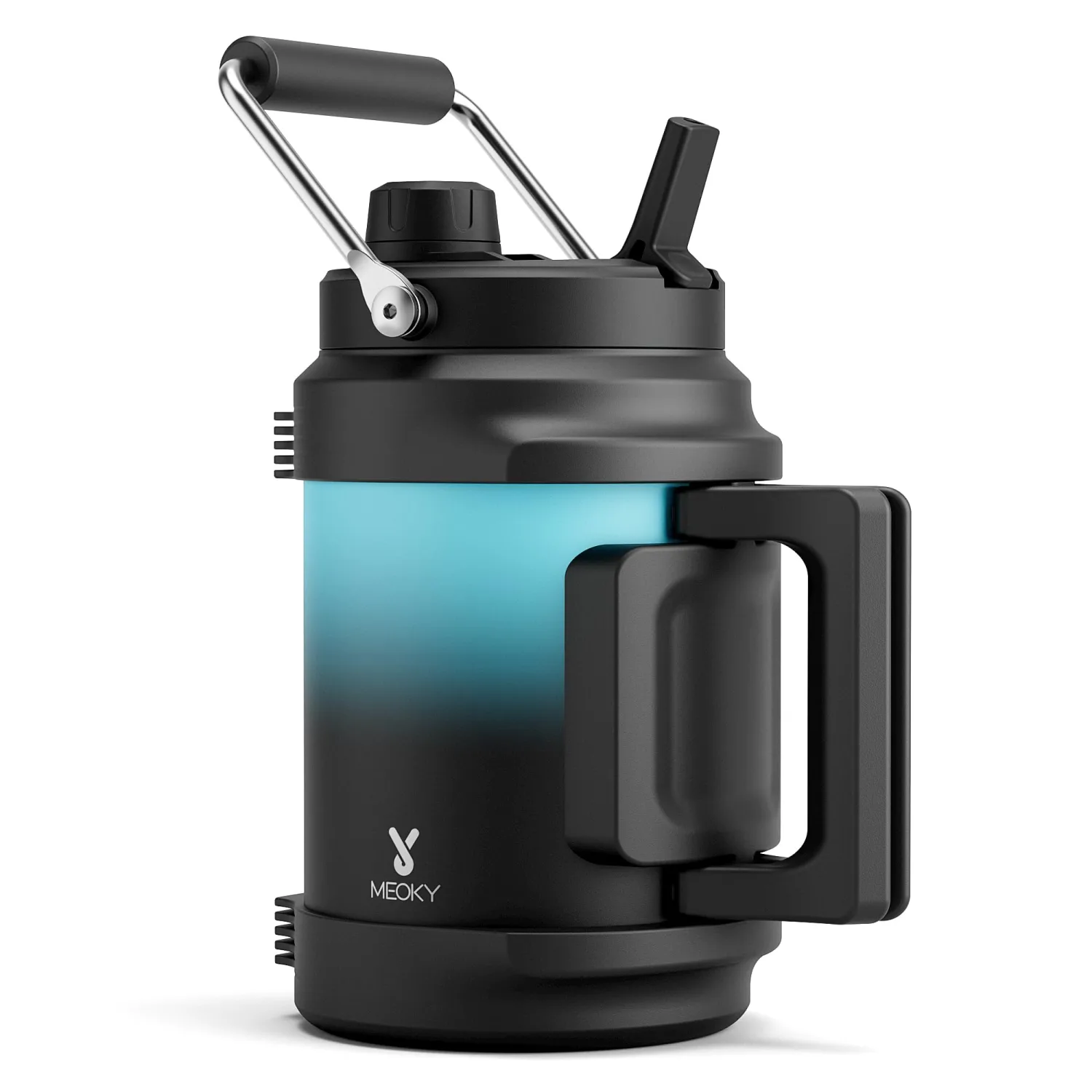 64 oz Insulated Water Bottle for Gym: Meoky Triple Wall Vacuum Stainless Steel Half Gallon Water Jug - Top and Side Handles, 2-in-1 Straw and Spout Lid, Cold for 36 Hrs, Leak Proof for Camping (Cyan)