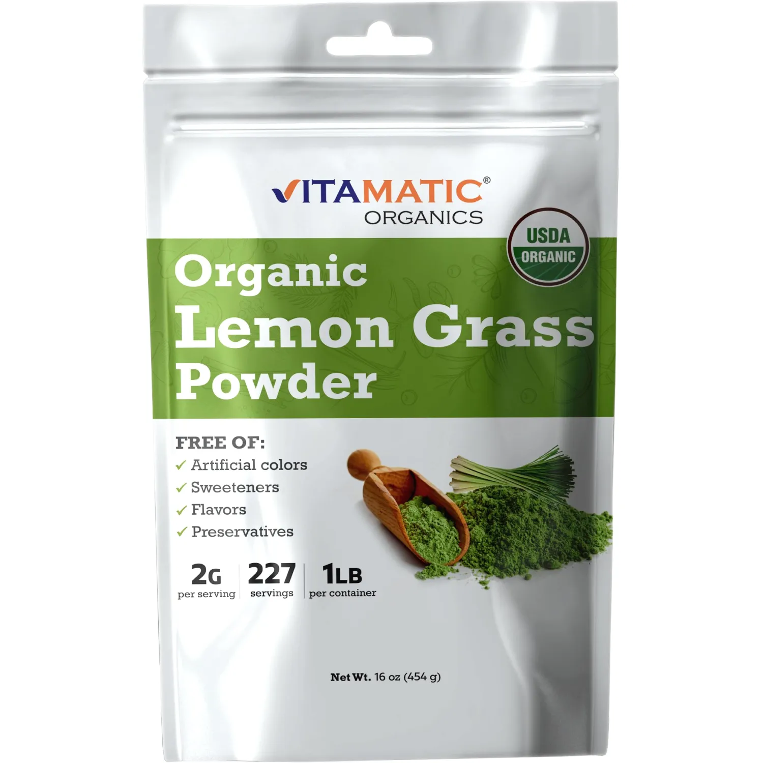 Vitamatic Certified USDA Organic Lemongrass Powder – 1 Pound (16 Ounces) – Natural Herbal Supplement for Digestion, Detox & Relaxation