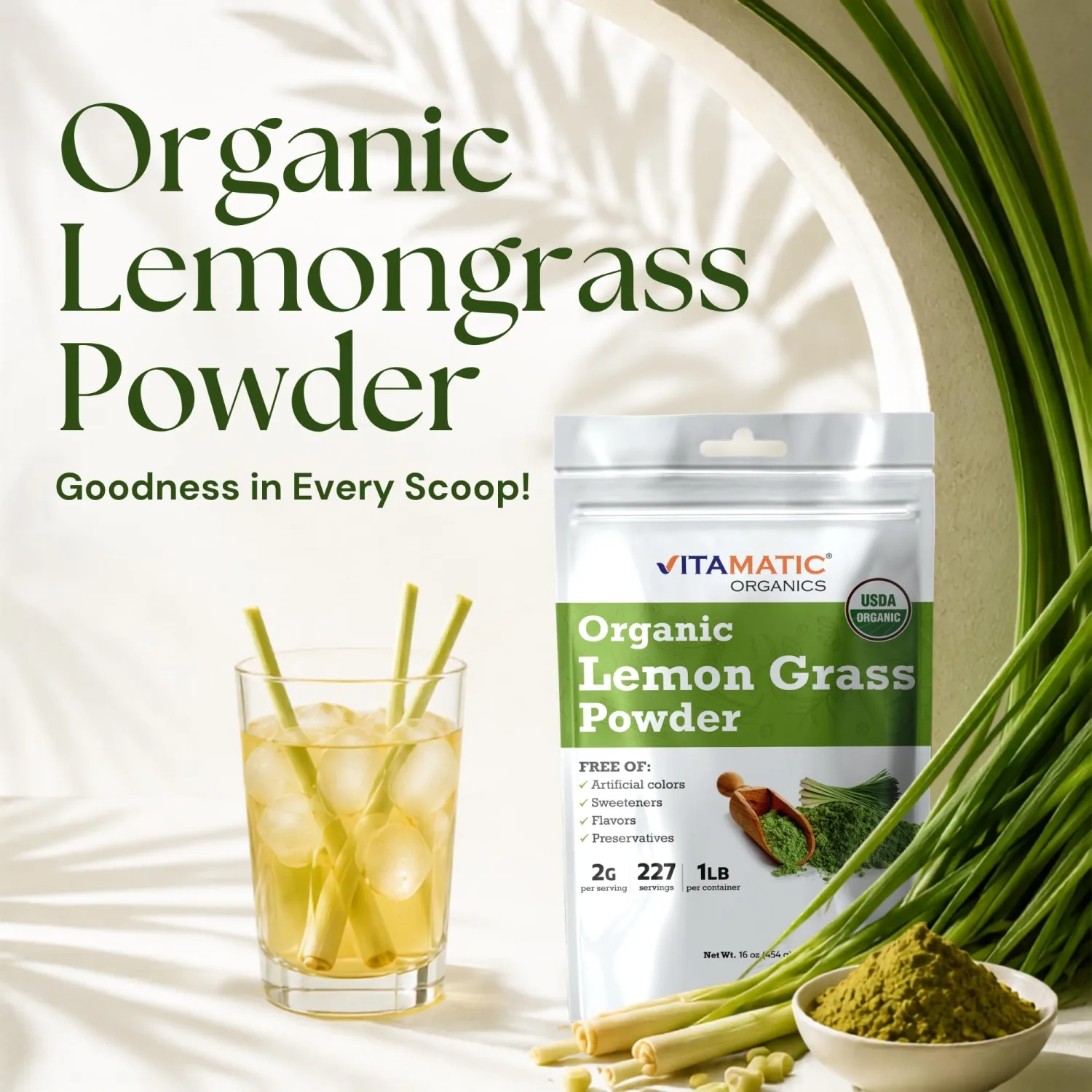 Vitamatic Certified USDA Organic Lemongrass Powder – 1 Pound (16 Ounces) – Natural Herbal Supplement for Digestion, Detox & Relaxation