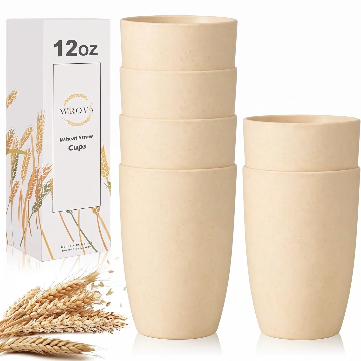 Wrova Wheat Straw Cups 6 PCS Good Alternative to Plastic Reusable Cups 12 oz Unbreakable Drinking Cup Reusable Dishwasher Safe Water Plastic Glasses Beige