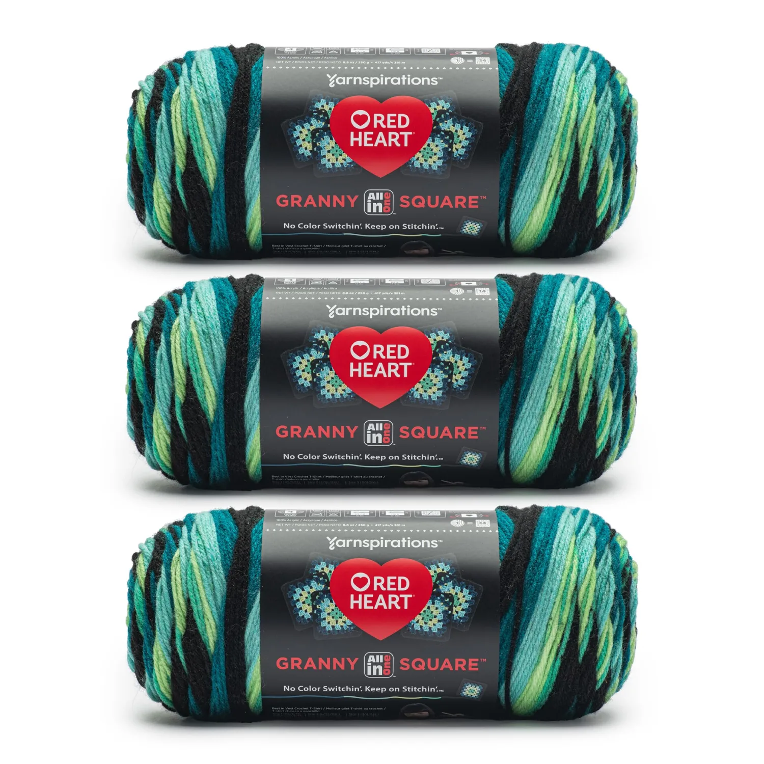 Red Heart Granny Square Crochet Yarn, Black-Cyber Leaf, 3-Pack