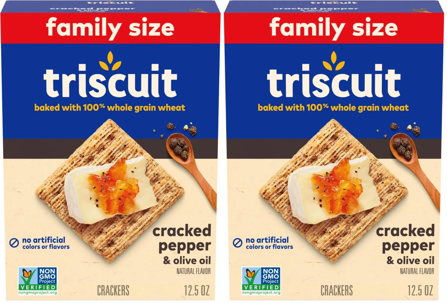 Triscuit Cracked Pepper & Olive Oil Whole Grain Wheat Crackers, Lunch Snacks, Snack Crackers, Family Size, 12.5 oz (Pack of 2)
