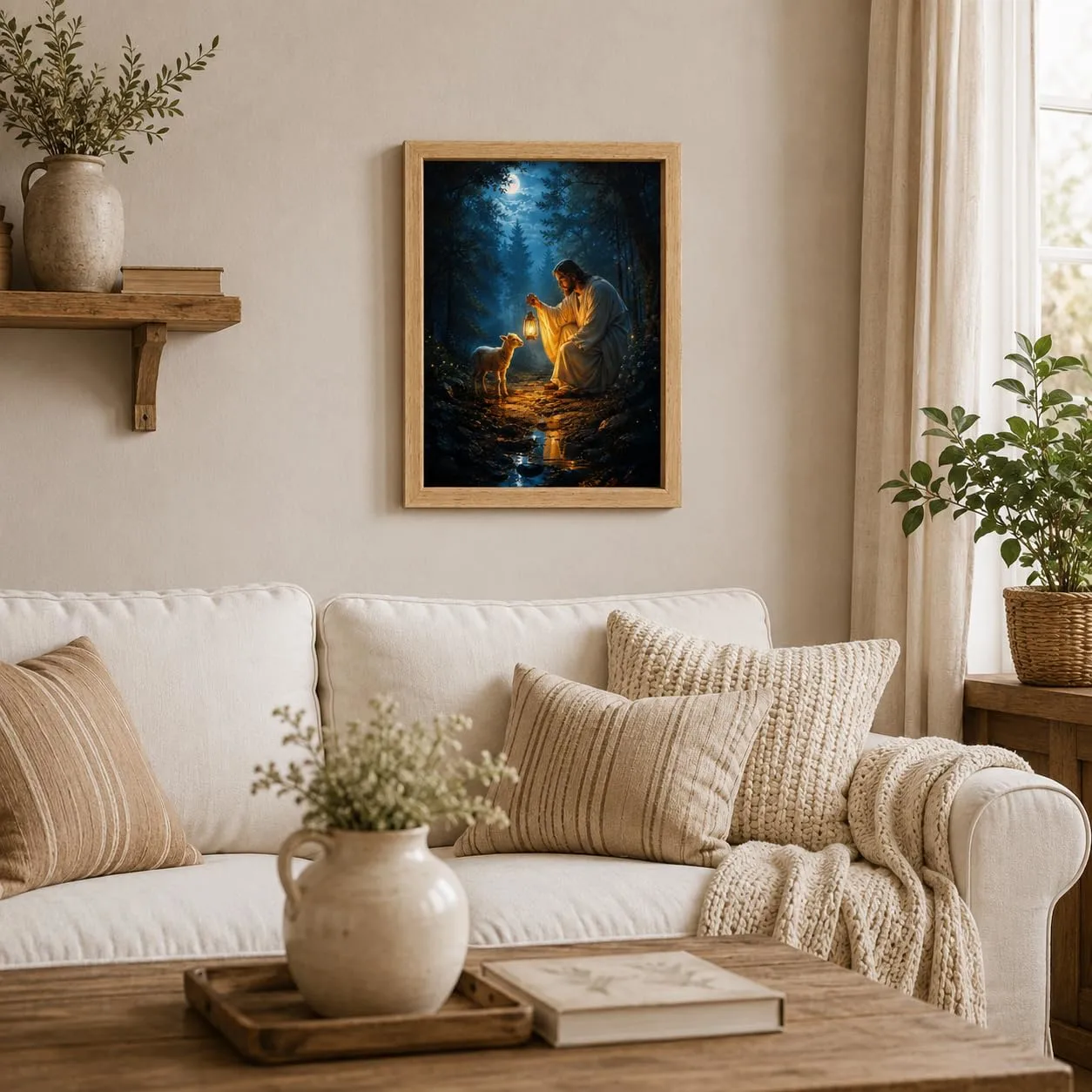 Jesus Lamb Canvas Wall Art Framed Christian Lantern Forest Decor 8x10 Inch